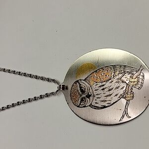 Reed & Barton Necklace 22" Damascene Owl Moon Etched Metal Silver Tone Pendant